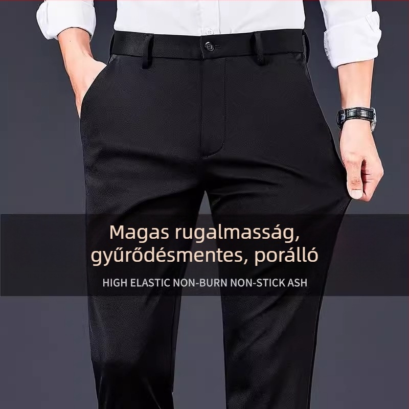 Férfi nyári slim-fit, egyenes szabású nadrág, középmagas derék, lélegző poliészter-keverék