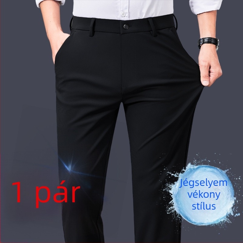 Férfi nyári slim-fit, egyenes szabású nadrág, középmagas derék, lélegző poliészter-keverék
