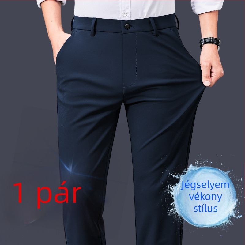 Férfi nyári slim-fit, egyenes szabású nadrág, középmagas derék, lélegző poliészter-keverék