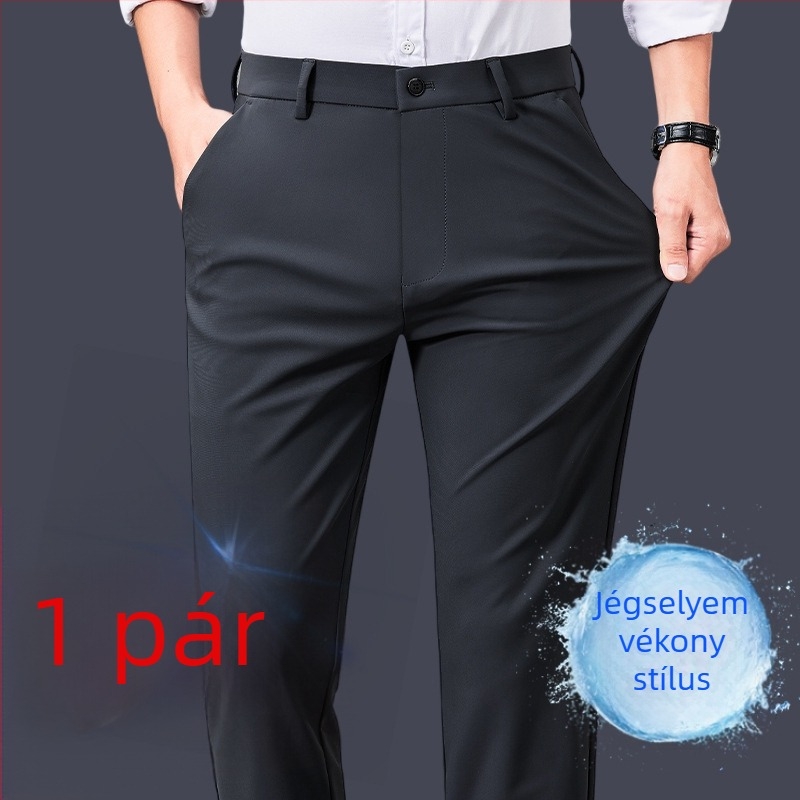Férfi nyári slim-fit, egyenes szabású nadrág, középmagas derék, lélegző poliészter-keverék