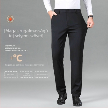 Férfi nylon-elasztikus üzleti casual nadrág, egyenes szabású, középmagos derék, cipzár, vasalásmentes, gyűrődés elleni