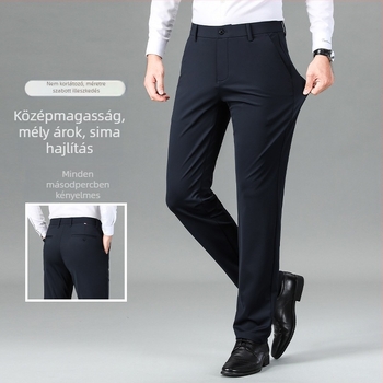 Férfi nylon-elasztikus üzleti casual nadrág, egyenes szabású, középmagos derék, cipzár, vasalásmentes, gyűrődés elleni