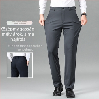 Férfi nylon-elasztikus üzleti casual nadrág, egyenes szabású, középmagos derék, cipzár, vasalásmentes, gyűrődés elleni