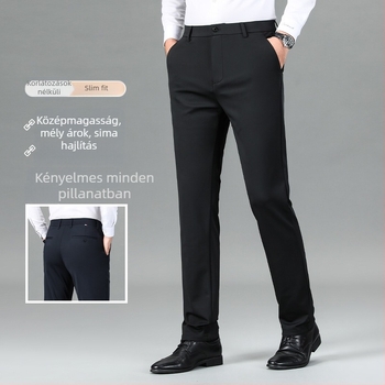 Férfi nylon-elasztikus üzleti casual nadrág, egyenes szabású, középmagos derék, cipzár, vasalásmentes, gyűrődés elleni