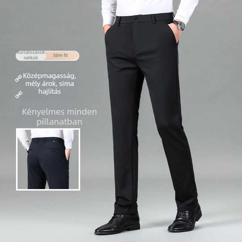 Férfi nylon-elasztikus üzleti casual nadrág, egyenes szabású, középmagos derék, cipzár, vasalásmentes, gyűrődés elleni