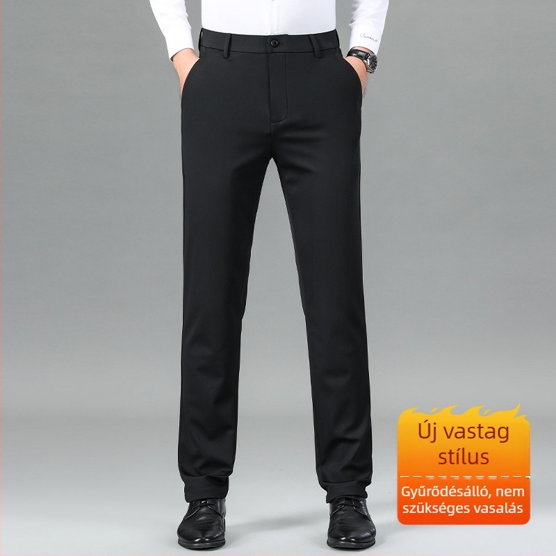 Férfi nylon-elasztikus üzleti casual nadrág, egyenes szabású, középmagos derék, cipzár, vasalásmentes, gyűrődés elleni