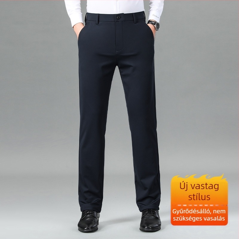 Férfi nylon-elasztikus üzleti casual nadrág, egyenes szabású, középmagos derék, cipzár, vasalásmentes, gyűrődés elleni