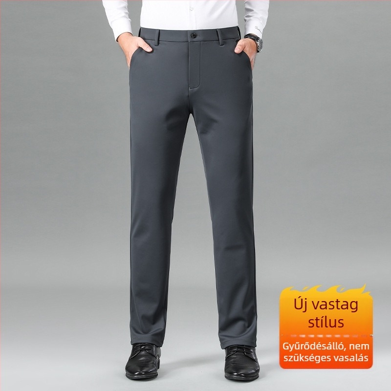 Férfi nylon-elasztikus üzleti casual nadrág, egyenes szabású, középmagos derék, cipzár, vasalásmentes, gyűrődés elleni