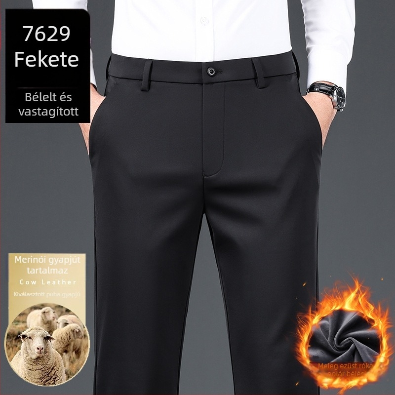2024 őszi új férfi üzleti casual nadrág gyapjú-keverék fleece-béléssel, elasztikus, egyenes szabás, középmagas derék, hosszú