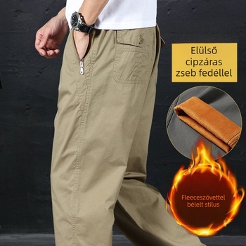 2025 pamut egyenes szabású casual nadrág férfiaknak, fleece béléssel, cargo-stílusú zsebekkel, laza fazon