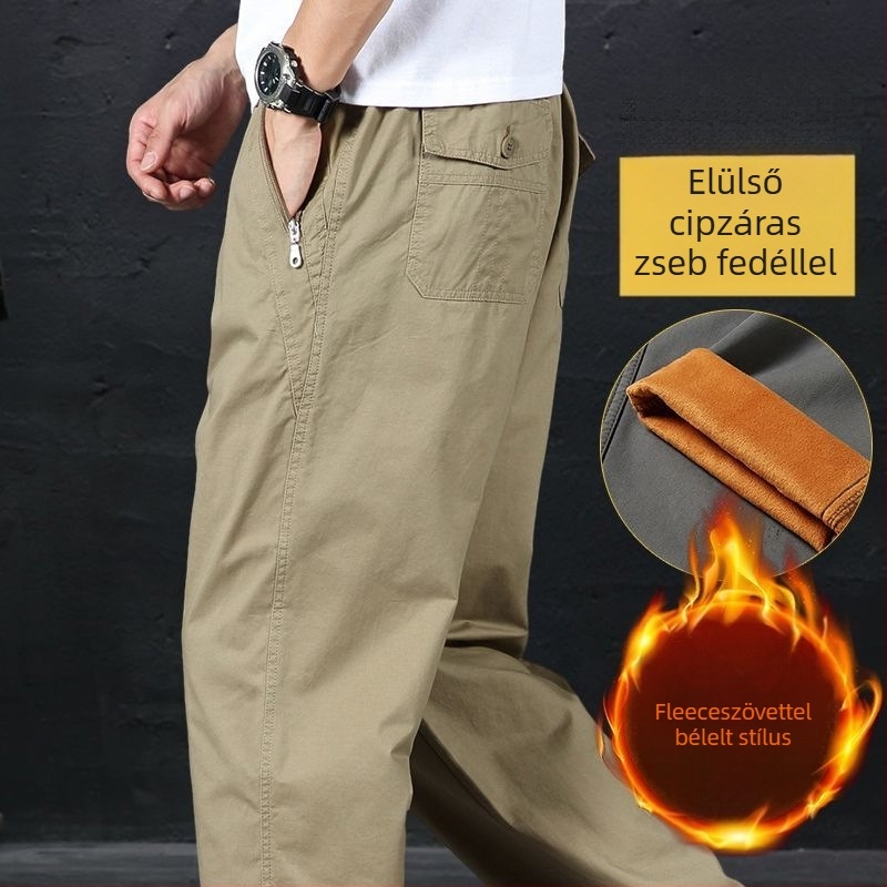 2025 pamut egyenes szabású casual nadrág férfiaknak, fleece béléssel, cargo-stílusú zsebekkel, laza fazon