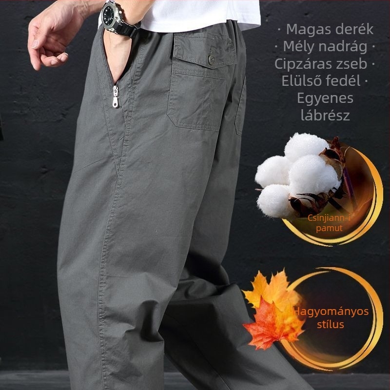 2025 pamut egyenes szabású casual nadrág férfiaknak, fleece béléssel, cargo-stílusú zsebekkel, laza fazon