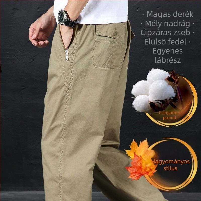 2025 pamut egyenes szabású casual nadrág férfiaknak, fleece béléssel, cargo-stílusú zsebekkel, laza fazon