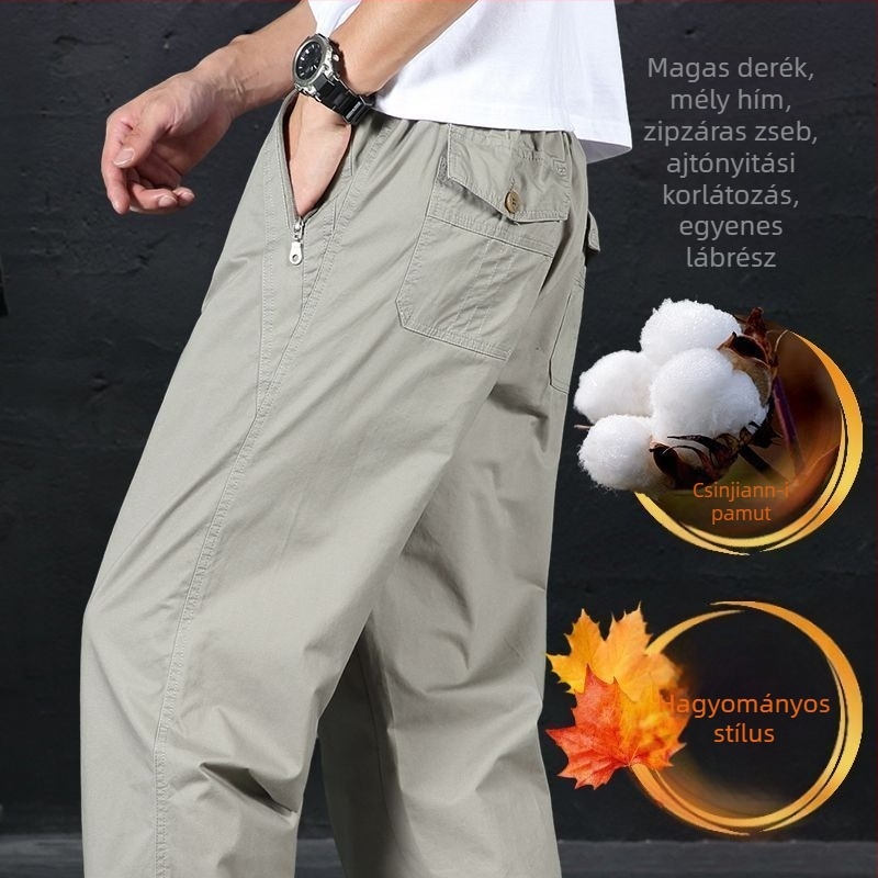 2025 pamut egyenes szabású casual nadrág férfiaknak, fleece béléssel, cargo-stílusú zsebekkel, laza fazon