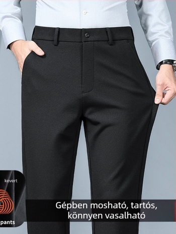 Üzleti-casual egyenes férfi nadrág fleece-béléssel, középmagas derekú, cipzáras záródás, gyapjú-poliészter keverék