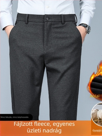 Üzleti-casual egyenes férfi nadrág fleece-béléssel, középmagas derekú, cipzáras záródás, gyapjú-poliészter keverék