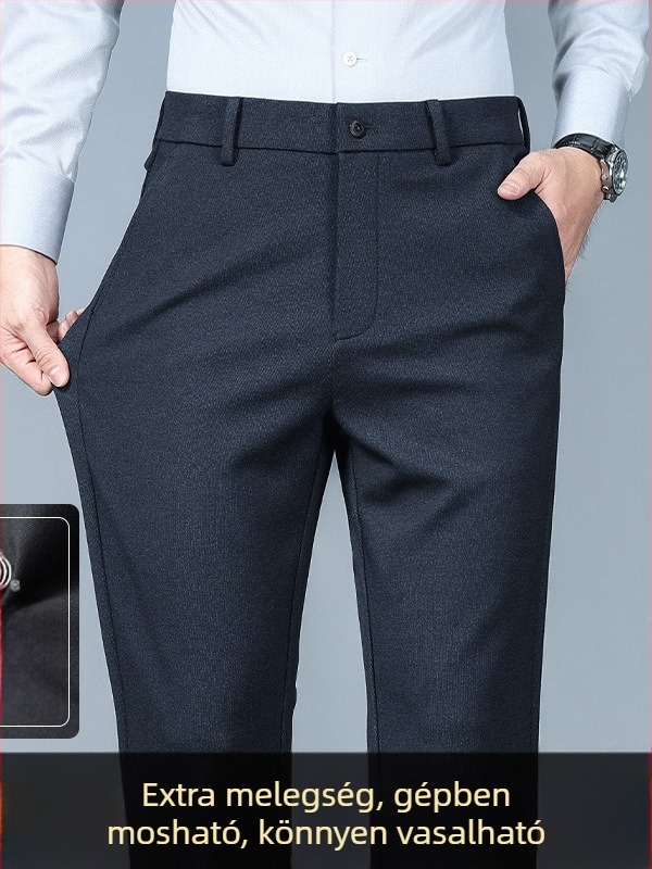 Üzleti-casual egyenes férfi nadrág fleece-béléssel, középmagas derekú, cipzáras záródás, gyapjú-poliészter keverék