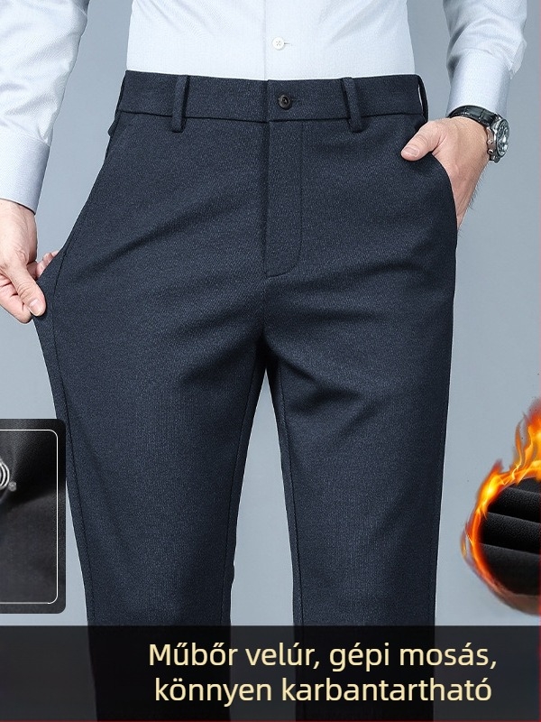 Üzleti-casual egyenes férfi nadrág fleece-béléssel, középmagas derekú, cipzáras záródás, gyapjú-poliészter keverék