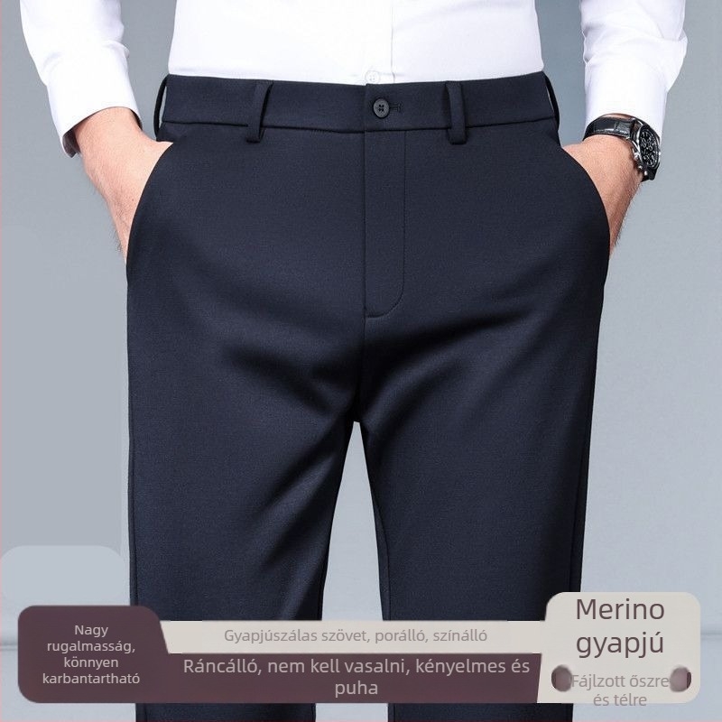 Üzleti-casual egyenes férfi nadrág fleece-béléssel, középmagas derekú, cipzáras záródás, gyapjú-poliészter keverék