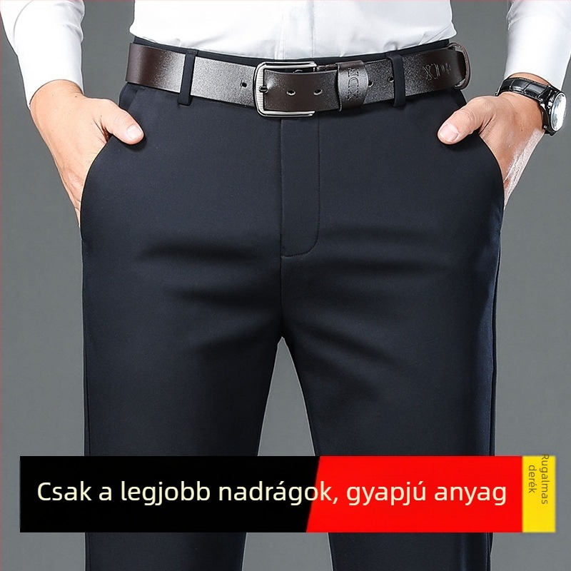 Üzleti-casual egyenes férfi nadrág fleece-béléssel, középmagas derekú, cipzáras záródás, gyapjú-poliészter keverék