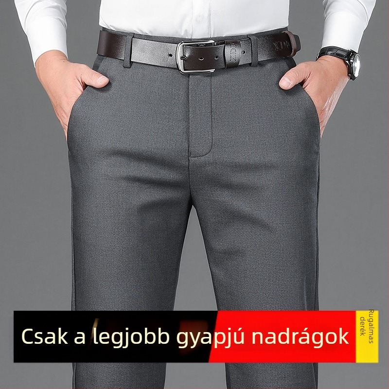 Üzleti-casual egyenes férfi nadrág fleece-béléssel, középmagas derekú, cipzáras záródás, gyapjú-poliészter keverék