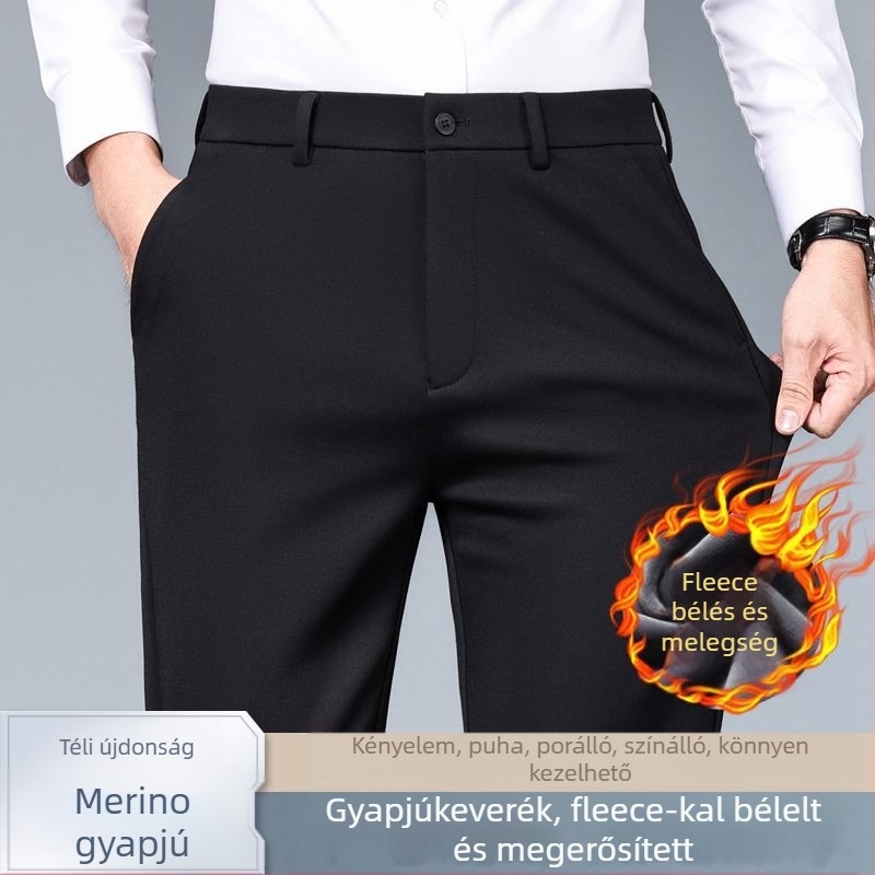 Üzleti-casual egyenes férfi nadrág fleece-béléssel, középmagas derekú, cipzáras záródás, gyapjú-poliészter keverék