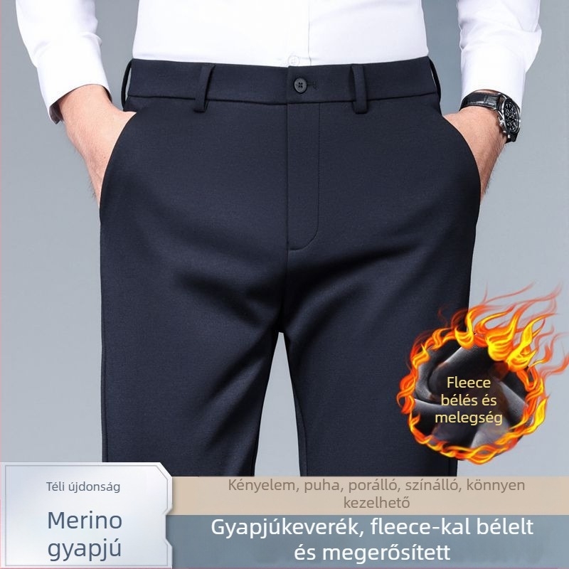 Üzleti-casual egyenes férfi nadrág fleece-béléssel, középmagas derekú, cipzáras záródás, gyapjú-poliészter keverék