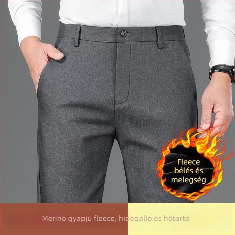 Üzleti-casual egyenes férfi nadrág fleece-béléssel, középmagas derekú, cipzáras záródás, gyapjú-poliészter keverék