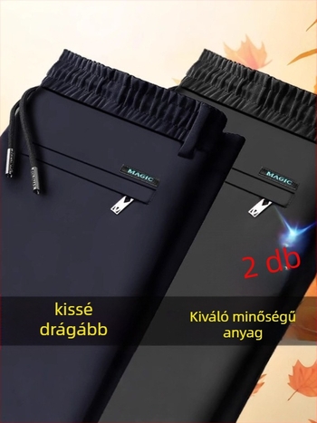Középkorú férfiak számára, tavasz–ősz Ice Silk nadrág, lazán szabott egyenes fazon, vékony, gyűrődésálló, magas elasztikusság, plusz méret