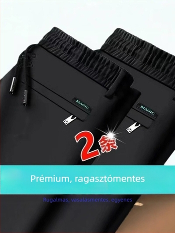 Középkorú férfiak számára, tavasz–ősz Ice Silk nadrág, lazán szabott egyenes fazon, vékony, gyűrődésálló, magas elasztikusság, plusz méret