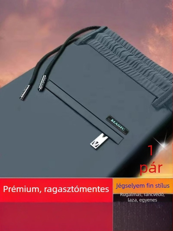 Középkorú férfiak számára, tavasz–ősz Ice Silk nadrág, lazán szabott egyenes fazon, vékony, gyűrődésálló, magas elasztikusság, plusz méret