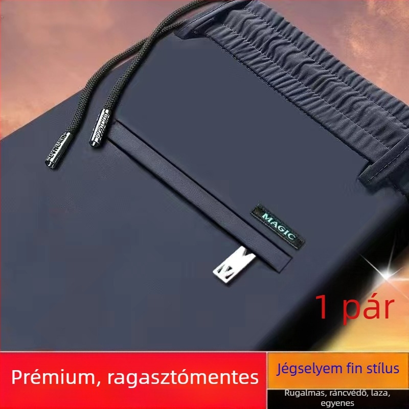 Középkorú férfiak számára, tavasz–ősz Ice Silk nadrág, lazán szabott egyenes fazon, vékony, gyűrődésálló, magas elasztikusság, plusz méret