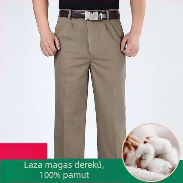 Két redővel ellátott pamut férfi szabadidőnadrág, könnyű nyári modell, bő szabás, magas derekú