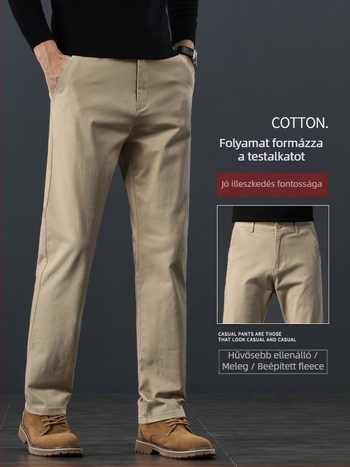 Férfi pamut fleece-béléssel készült casual nadrág téli viselethez, egyenes szabású, középmagas derék, 100% pamut