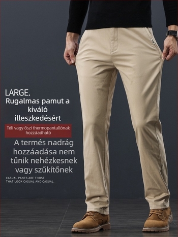 Férfi pamut fleece-béléssel készült casual nadrág téli viselethez, egyenes szabású, középmagas derék, 100% pamut