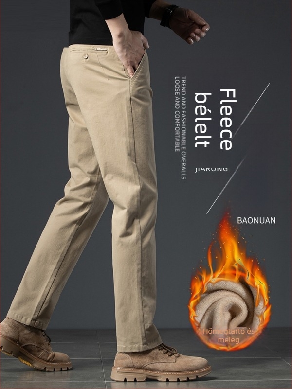 Férfi pamut fleece-béléssel készült casual nadrág téli viselethez, egyenes szabású, középmagas derék, 100% pamut