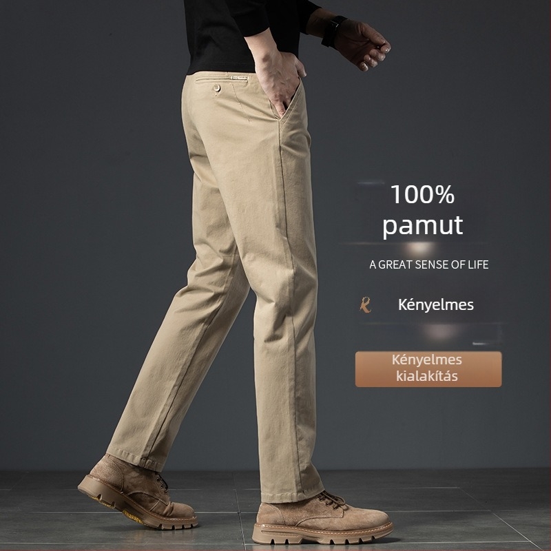 Férfi pamut fleece-béléssel készült casual nadrág téli viselethez, egyenes szabású, középmagas derék, 100% pamut