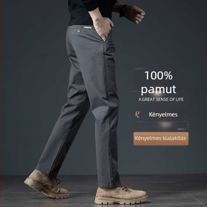 Férfi pamut fleece-béléssel készült casual nadrág téli viselethez, egyenes szabású, középmagas derék, 100% pamut