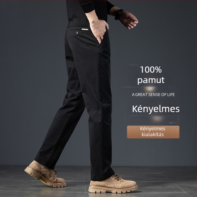 Férfi pamut fleece-béléssel készült casual nadrág téli viselethez, egyenes szabású, középmagas derék, 100% pamut