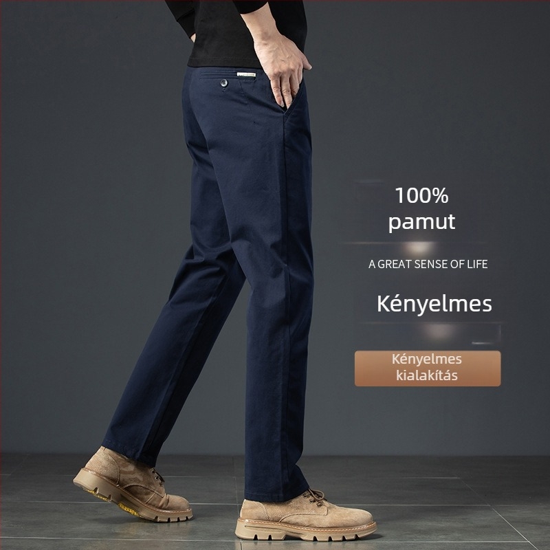 Férfi pamut fleece-béléssel készült casual nadrág téli viselethez, egyenes szabású, középmagas derék, 100% pamut