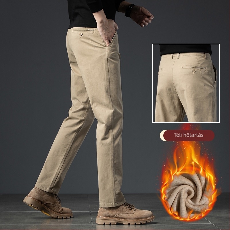 Férfi pamut fleece-béléssel készült casual nadrág téli viselethez, egyenes szabású, középmagas derék, 100% pamut