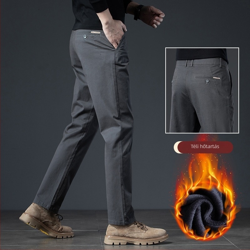 Férfi pamut fleece-béléssel készült casual nadrág téli viselethez, egyenes szabású, középmagas derék, 100% pamut