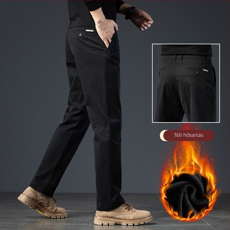Férfi pamut fleece-béléssel készült casual nadrág téli viselethez, egyenes szabású, középmagas derék, 100% pamut