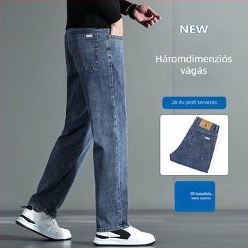 Nadrág középmagas derékkal, lazán egyenes szabású, vastag denim pamut‑elasztán
