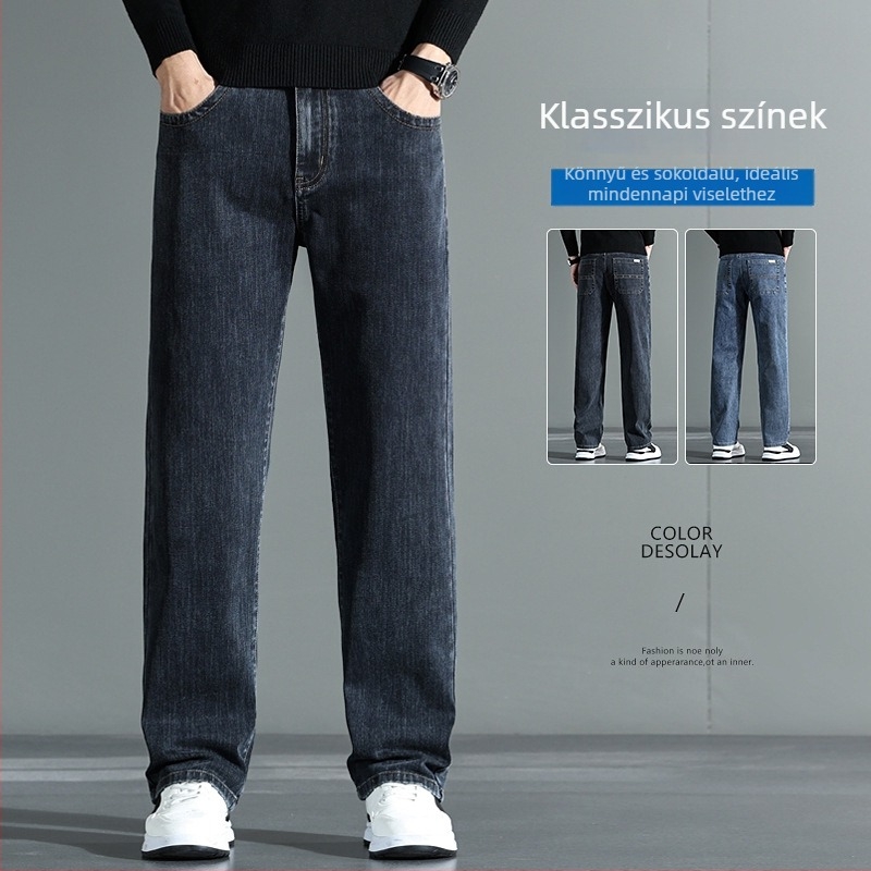 Nadrág középmagas derékkal, lazán egyenes szabású, vastag denim pamut‑elasztán