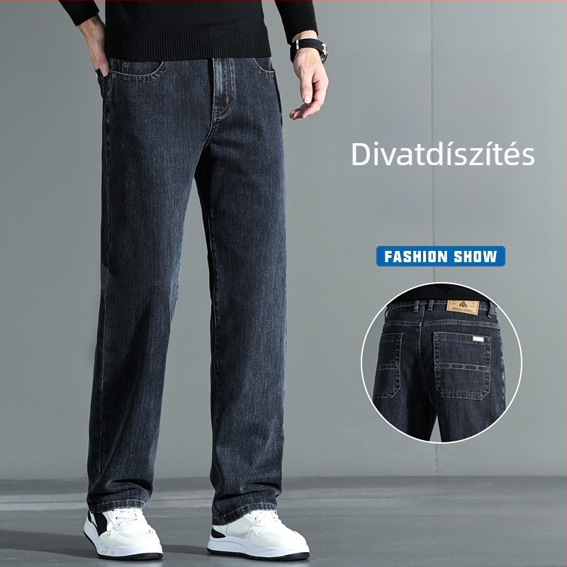 Nadrág középmagas derékkal, lazán egyenes szabású, vastag denim pamut‑elasztán
