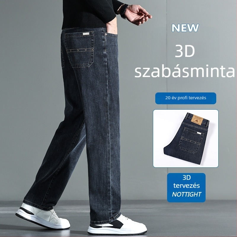 Nadrág középmagas derékkal, lazán egyenes szabású, vastag denim pamut‑elasztán