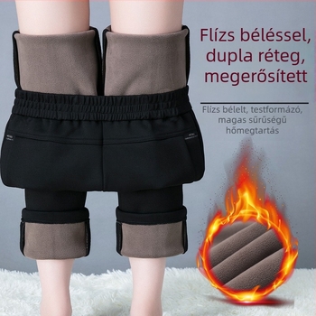 Női téli fleece-béléssel meleg casual nadrág, magas derék, laza egyenes szabás, elasztikus derék