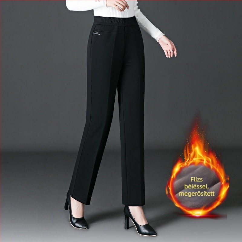 Női téli fleece-béléssel meleg casual nadrág, magas derék, laza egyenes szabás, elasztikus derék