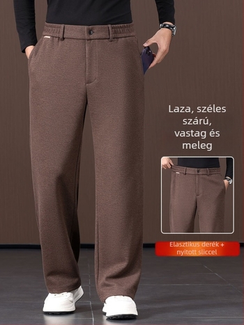Férfi gyapjúszövésű széleslábú nadrág, egyenes szabás, magas derék, fleece-béléses téli viselet, mindennapi nadrág